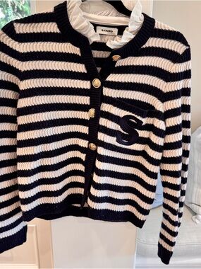 Sandro Navy and Cream Striped Knit Cardigan with Gold Buttons